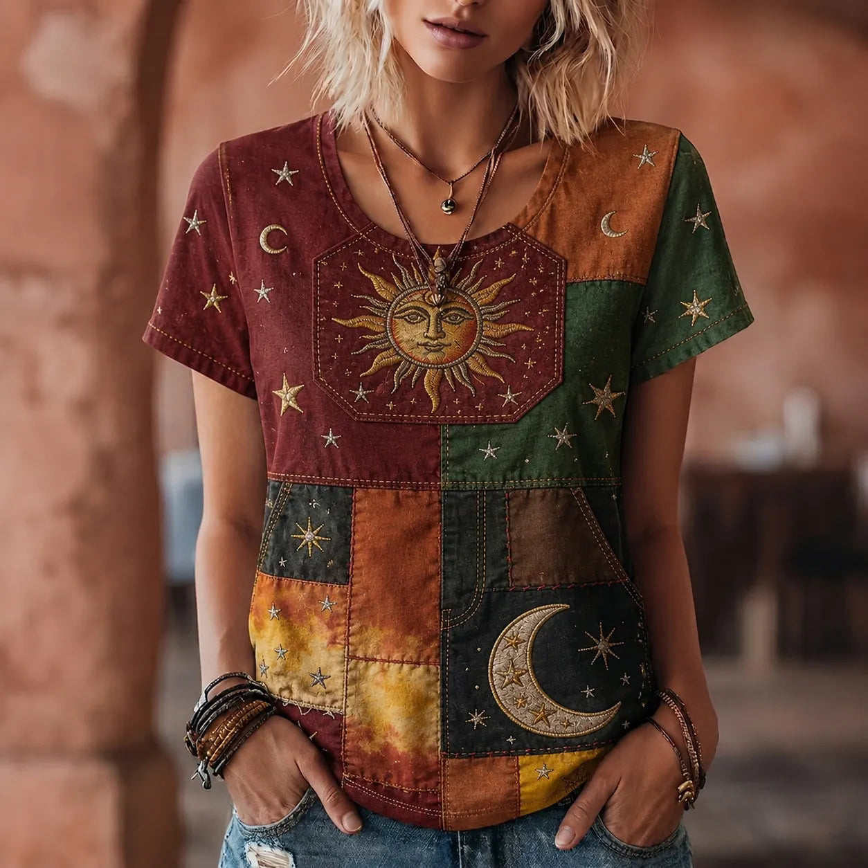 Cardydony Women's Retro Hippie Sun, Moon And Stars Patchwork Art Crew Neck T-shirt