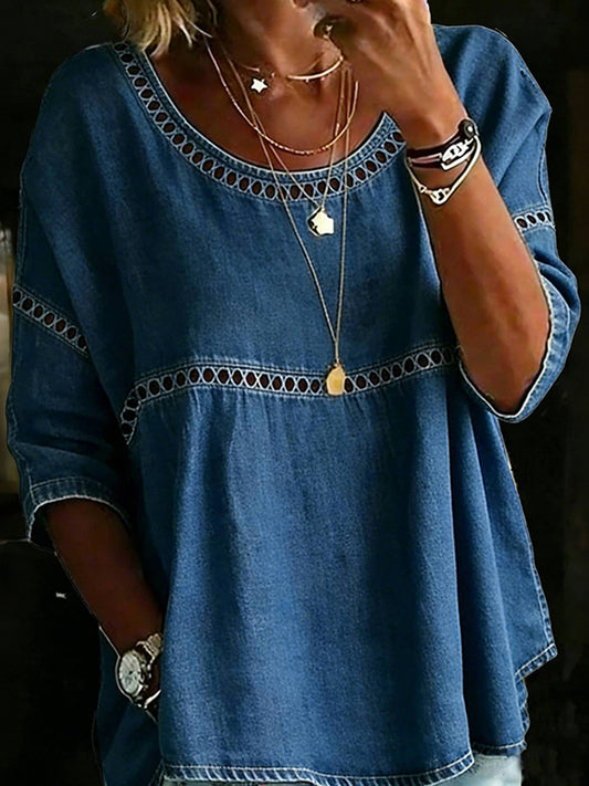 Cardydony Casual Hollowed-out Lace Patchwork Round Neck Top