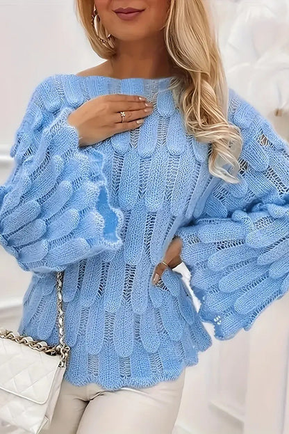Cardydony Women's Elegant Feather Hollow Loose Bell Sleeve Knitted Sweater