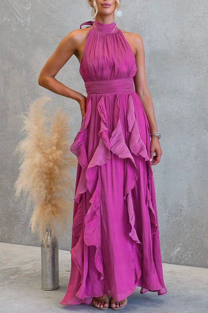 Cardydony Women's Coral Textured Metallic Chiffon Material High Tie Neck Ruffles Maxi Dress
