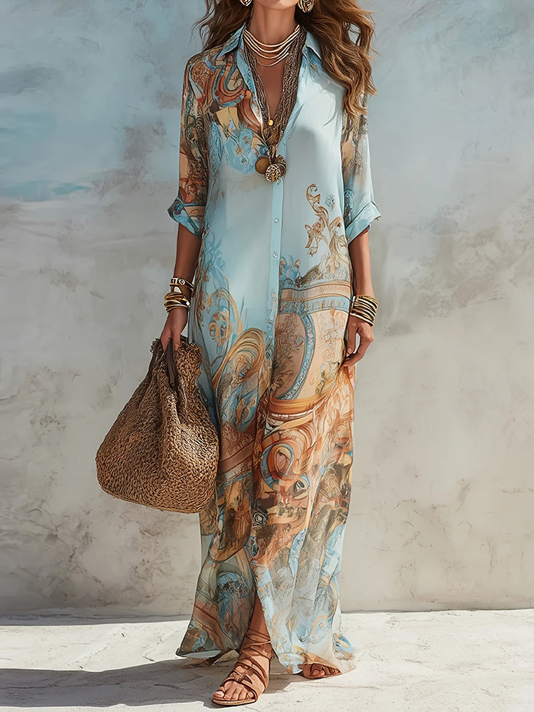 Cardydony Retro Print Shirt Maxi Dress