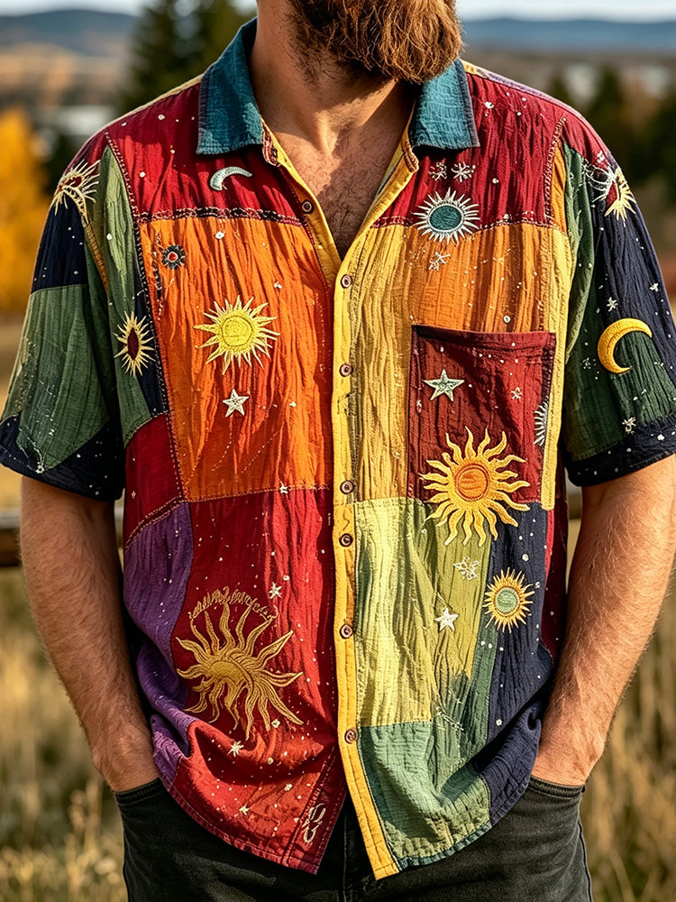 Cardydony Men's Colorblock Hippie Art Star Moon Sun Print Short Sleeve Shirt