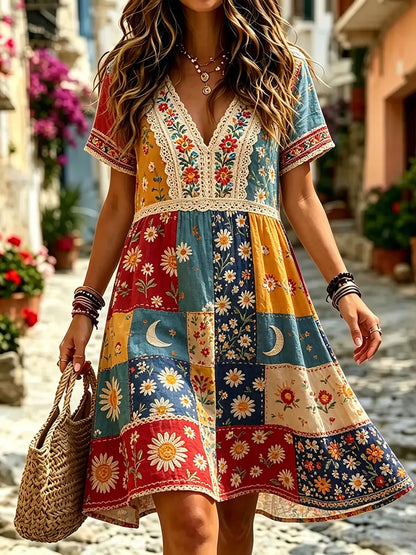 Cardydony Women's Retro Floral Patchwork Art Print Cotton Linen Casual Dress