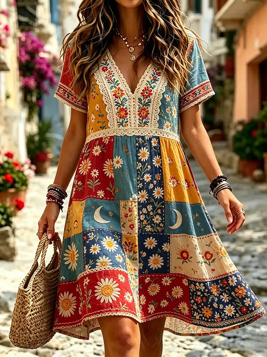 Cardydony Women's Retro Floral Patchwork Art Print Cotton Linen Casual Dress