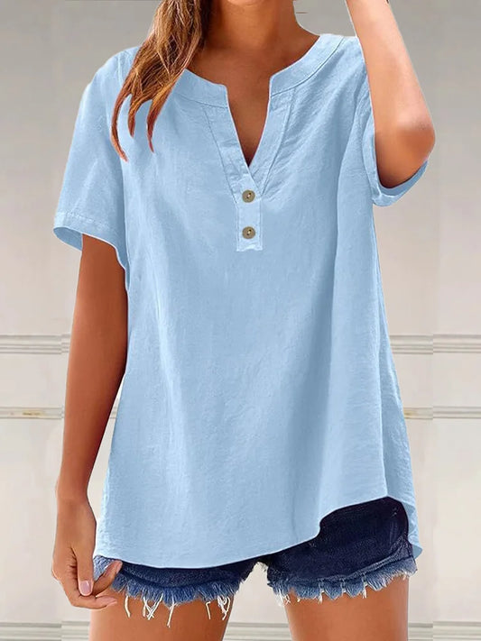 Cardydony Solid Color Linen Blended V-neck Loose Blouse