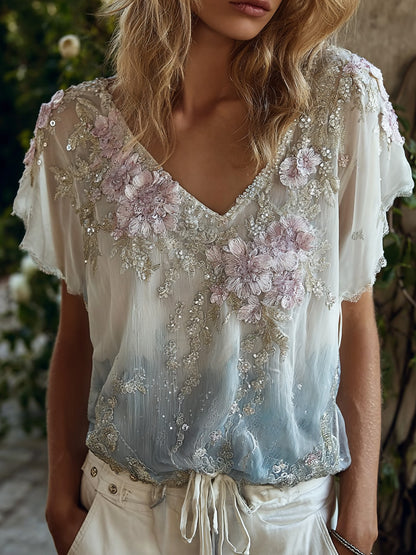 Cardydony Women's Boho Floral Embroidered V-neck Short Sleeve Top