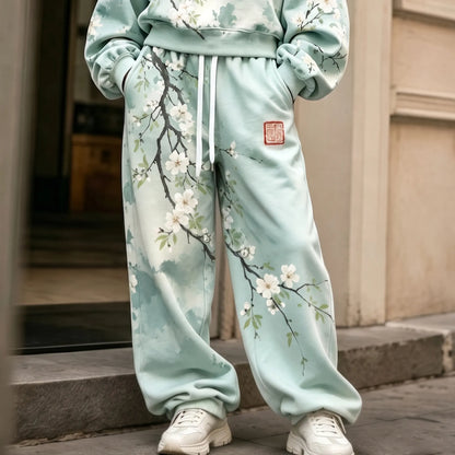 Cardydony Women's Japanese Floral Art Print Hoodie Two Piece Set