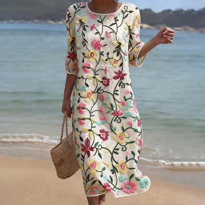 Cardydony Vintage Floral Art Pattern Linen Blend Loose Three-quarter Sleeve Dress
