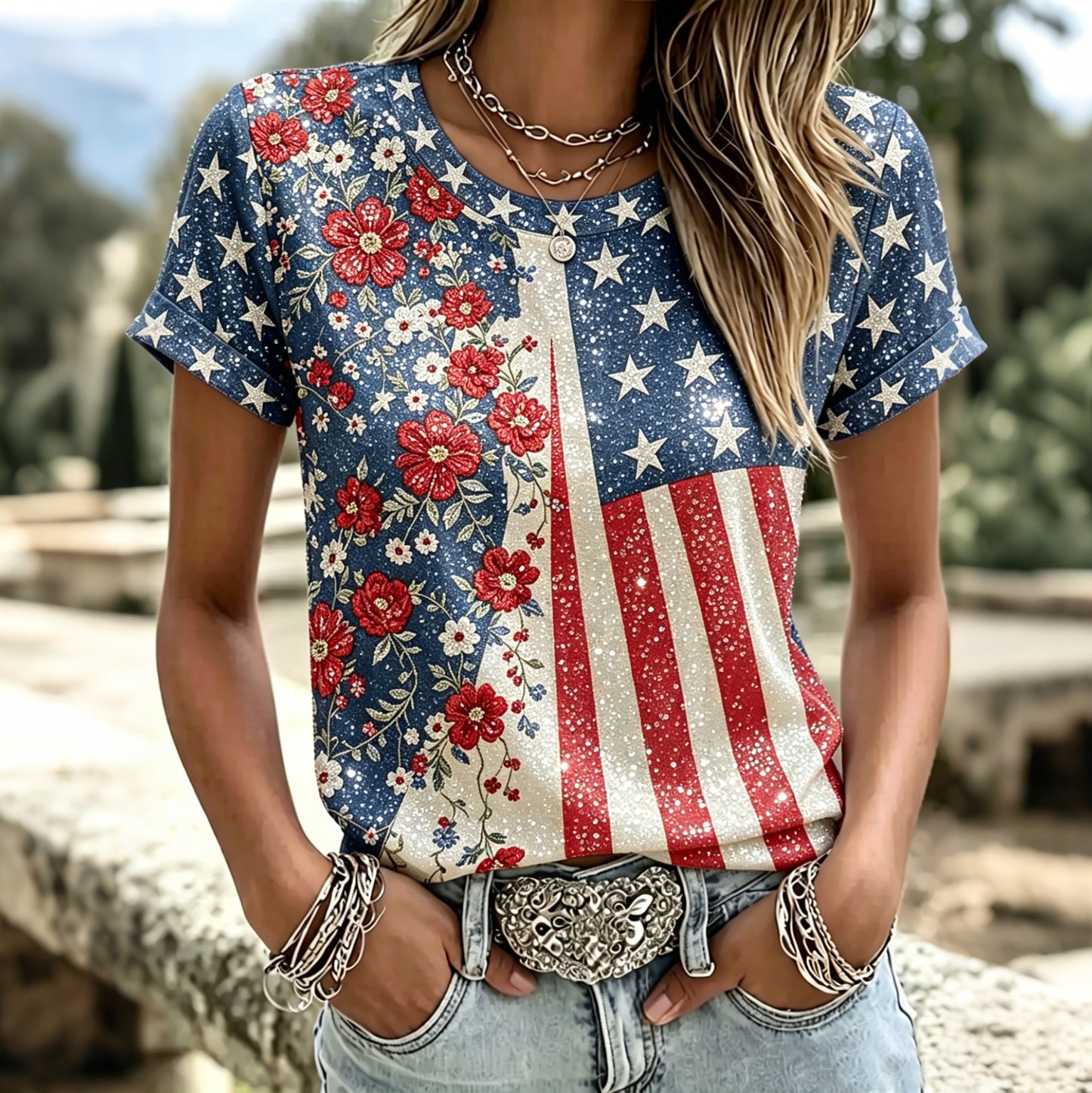 Cardydony Women's Independence Day Flag And Floral Print Crew Neck Short Sleeve T-shirt
