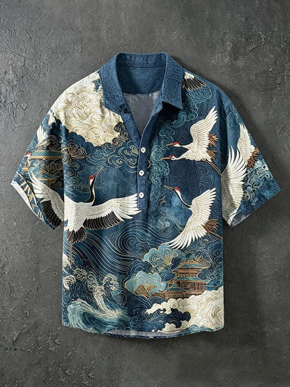 Cardydony Men's Retro Japanese Art Crane Print Cotton Linen Shirt