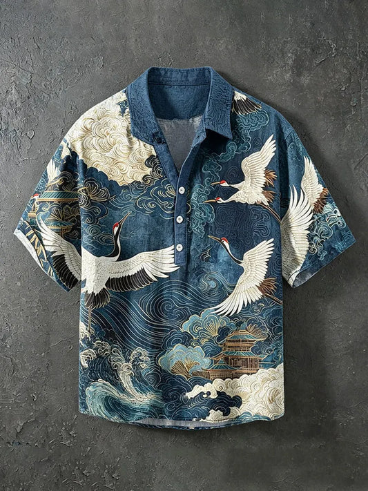 Cardydony Men's Retro Japanese Art Crane Print Cotton Linen Shirt