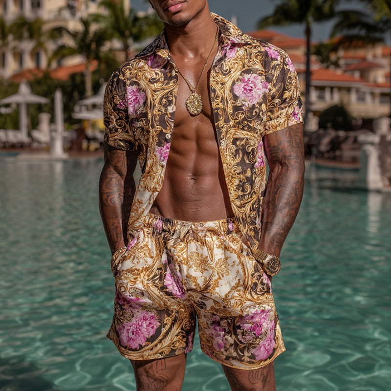 Cardydony Men's Fashion Baroque Floral Pattern Cuban Shirt And Shorts Two-piece Set
