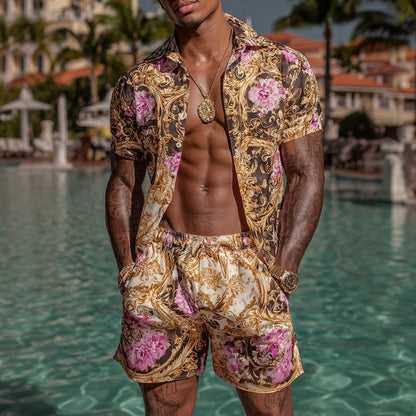 Cardydony Men's Fashion Baroque Floral Pattern Cuban Shirt And Shorts Two-piece Set