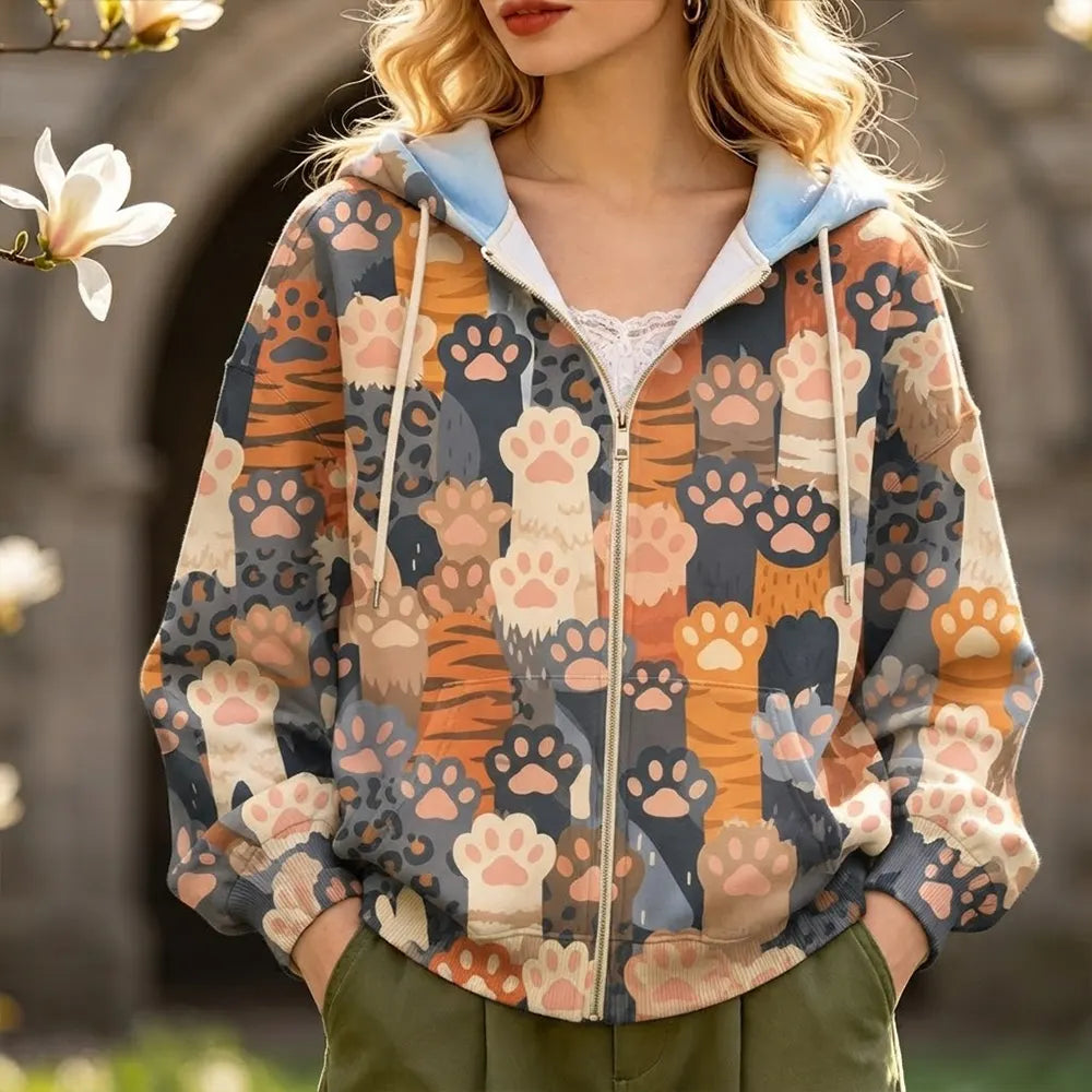 Cardydony Women's Cute Cartoon Cat Paws And Tiger Stripes Print Zip-up Hoodie