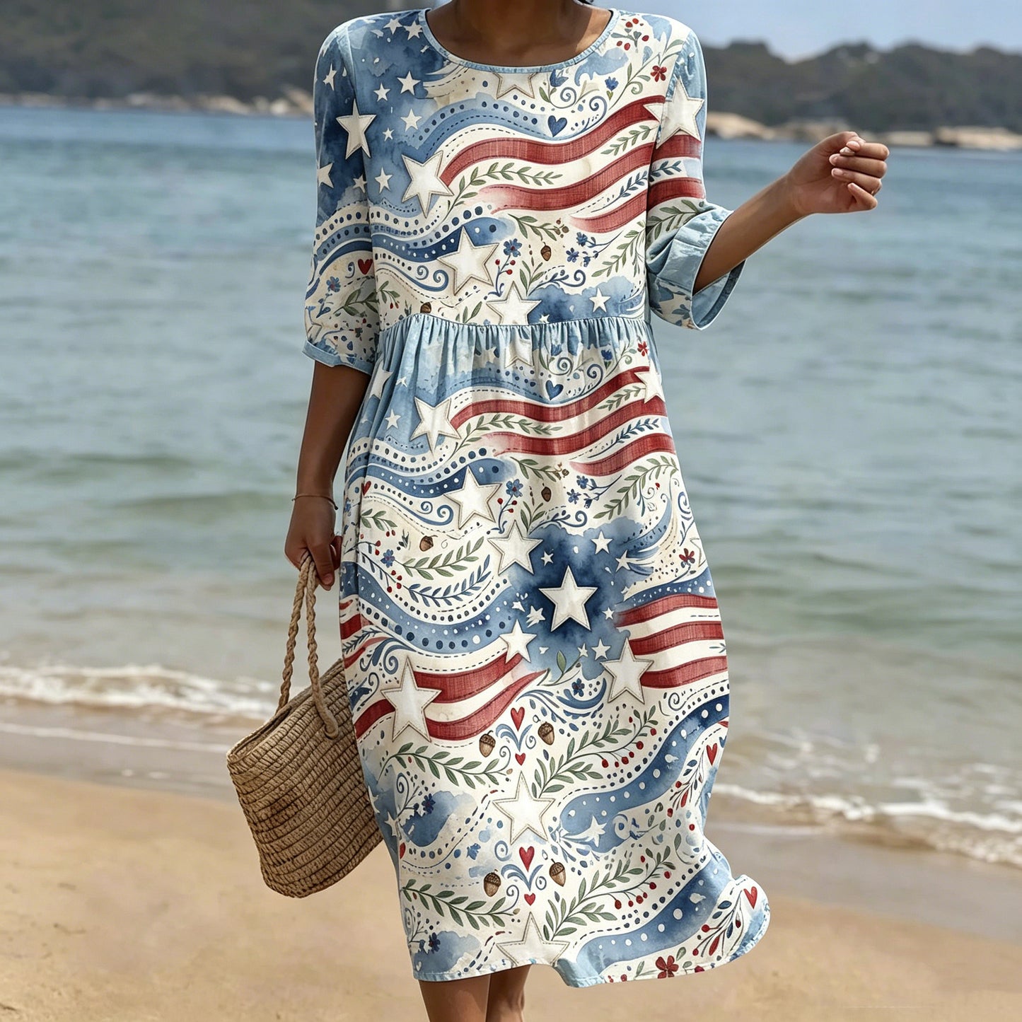 Cardydony Women's Independence Day Flag Pattern Casual Mid-sleeve Dress