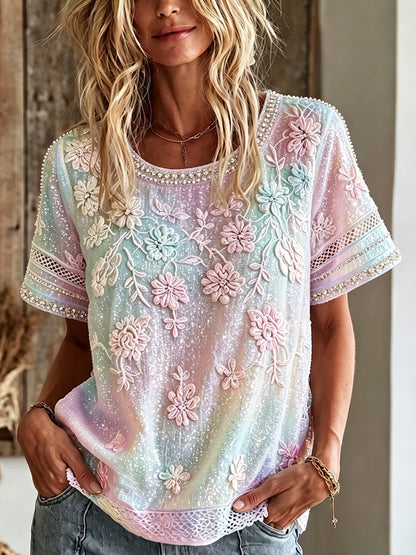 Cardydony Women's Summer Floral In Macarons Colorful Art Linen Blend Short Sleeve Tops