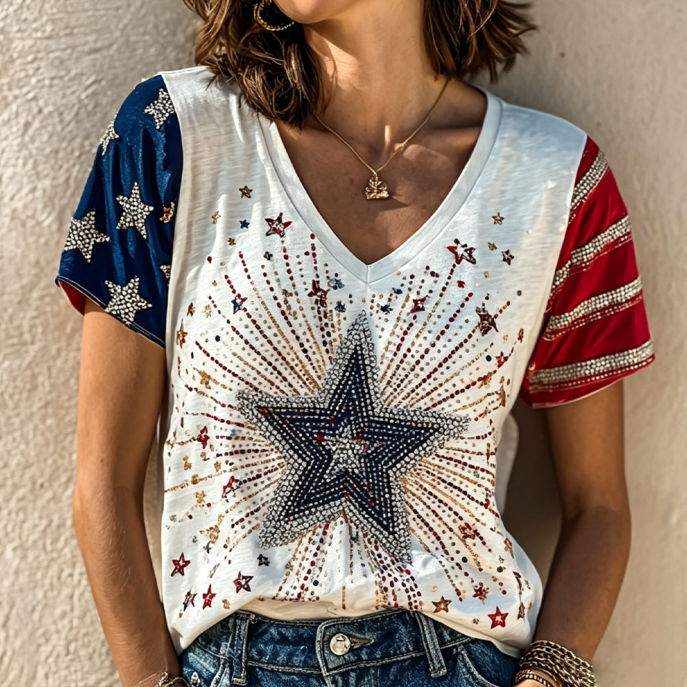 Cardydony Starburst Sparkle Usa V-neck Tee | 4th Of July Patriotic Top