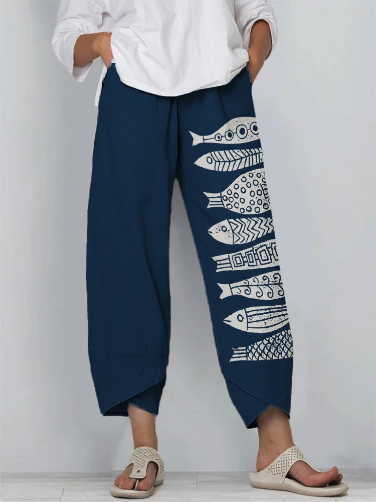 Cardydony Fish Japanese Lino Art Linen Blend Cropped Pants