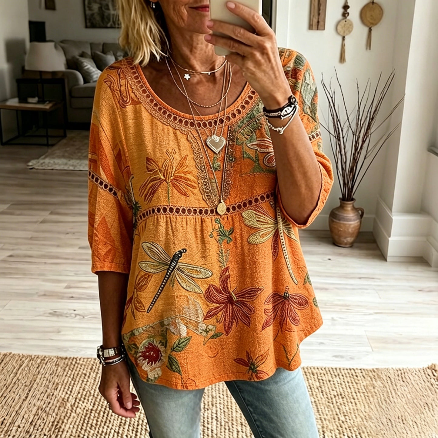 Cardydony Women's Bohemian Vintage Dragonfly And Floral Art Print Flowy Linen Blend Casual Tops