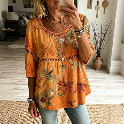 Cardydony Women's Bohemian Vintage Dragonfly And Floral Art Print Flowy Linen Blend Casual Tops