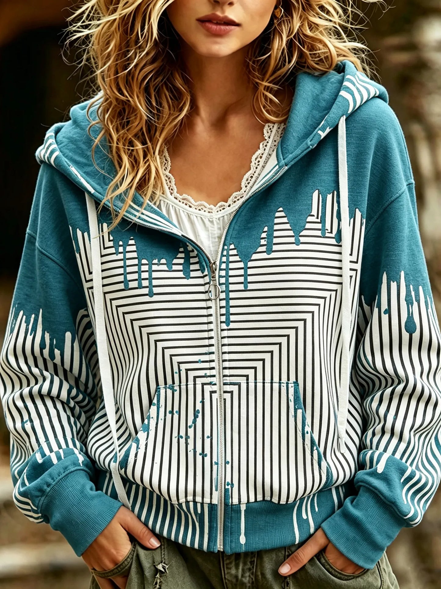 Cardydony Women's Simple Striped Art Pattern Casual Zip-up Hoodie