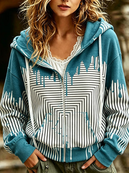 Cardydony Women's Simple Striped Art Pattern Casual Zip-up Hoodie
