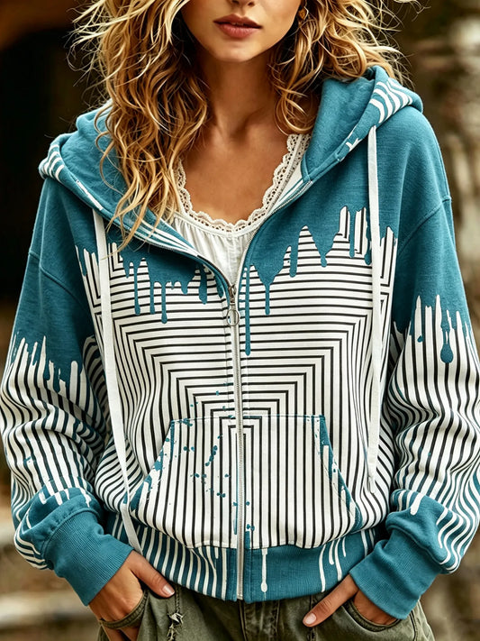 Cardydony Women's Simple Striped Art Pattern Casual Zip-up Hoodie