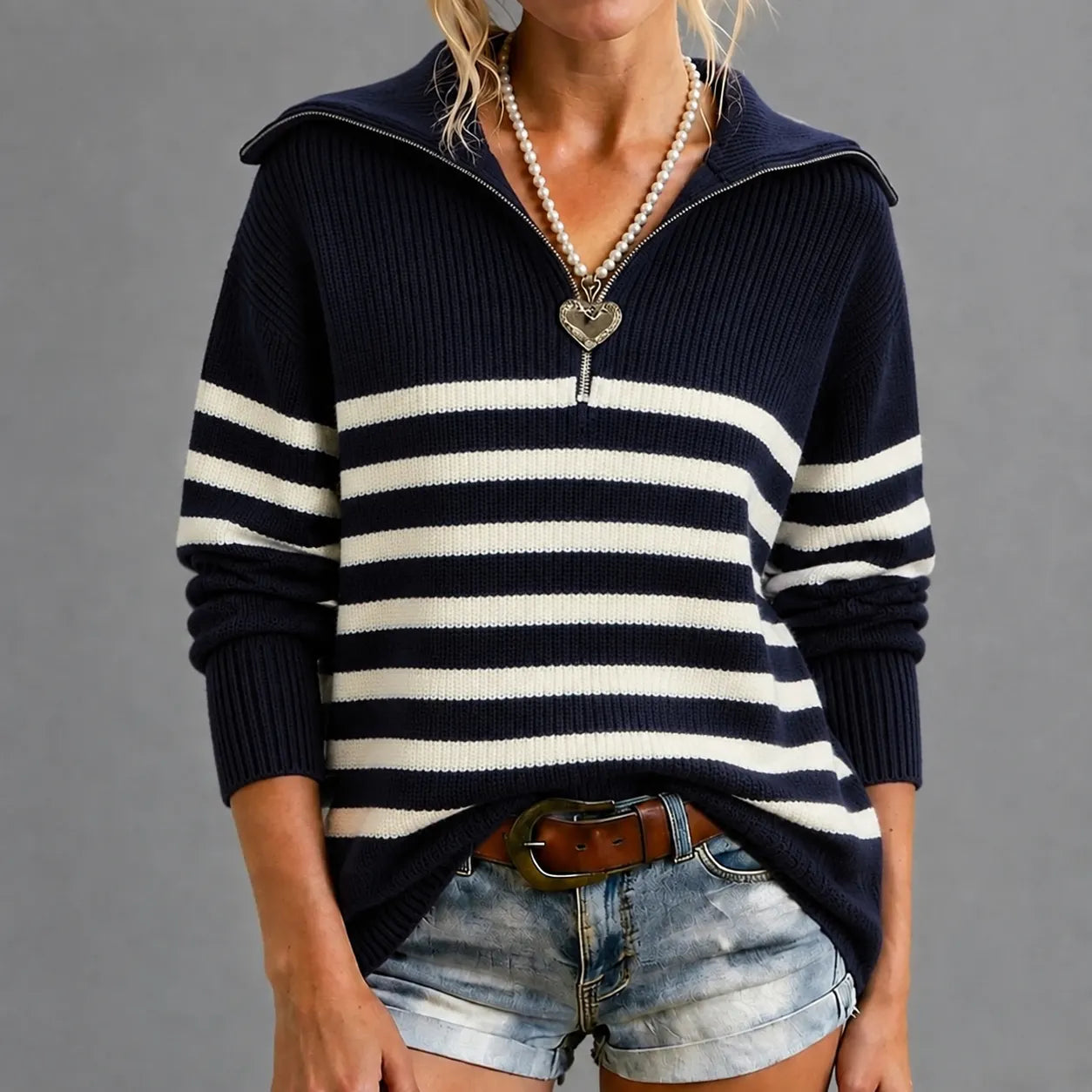 Cardydony Women's Stripe Collared Zipper Sweater