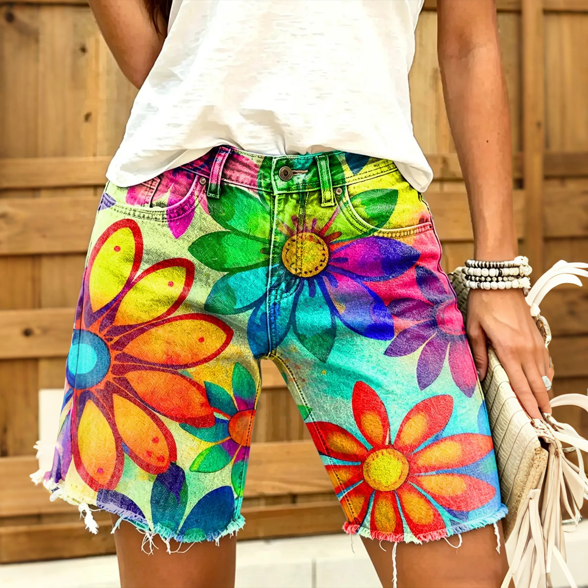 Cardydony Women's Retro Rainbow Floral Print Denim Shorts