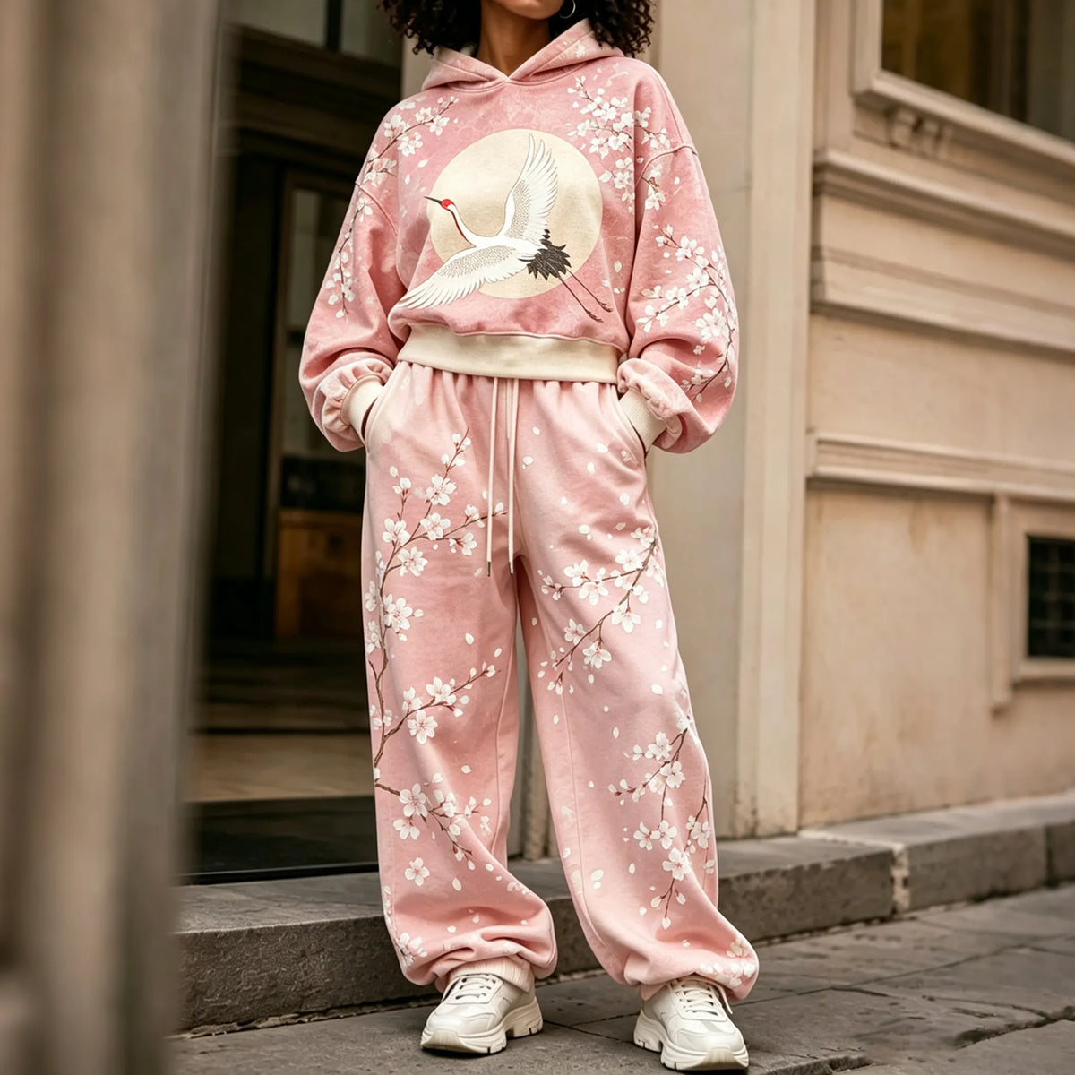 Cardydony Women's Japanese Cherry Blossom And Crane Art Print Hoodie Two Piece Set