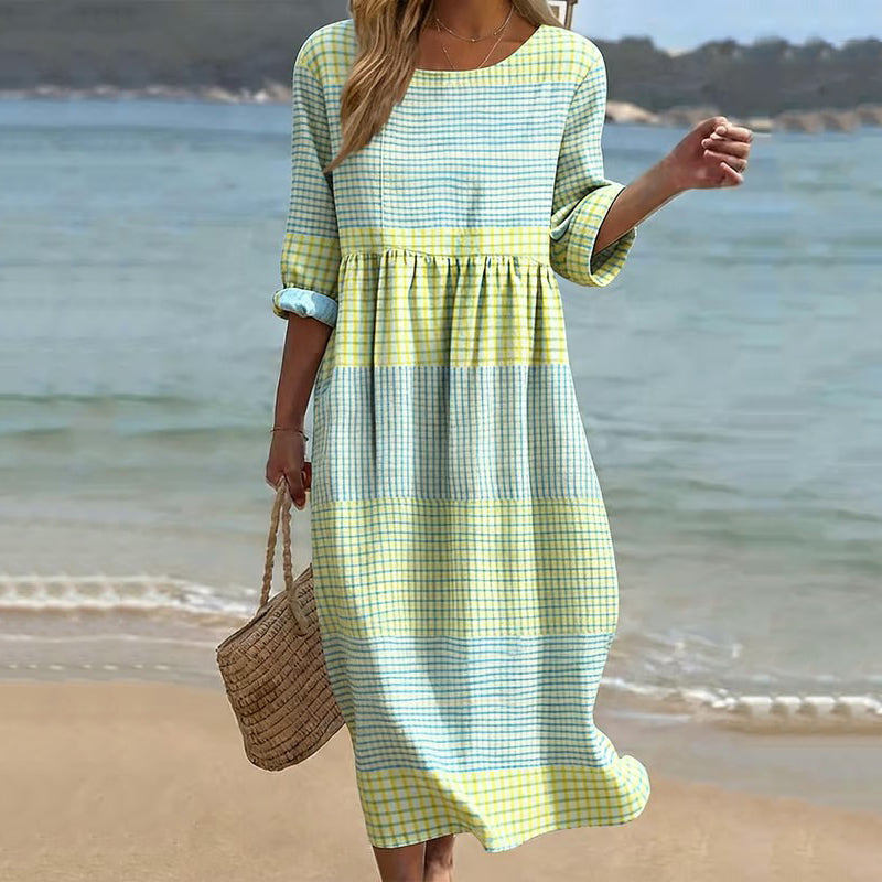 Cardydony Women's Japanese Color Block Art Linen-blend Maxi Dress
