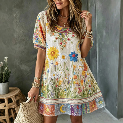 Cardydony Women's Vintage Hippie Floral And Star In Patchwork Pattern Art Embroidered Linen Blend Mini Dress