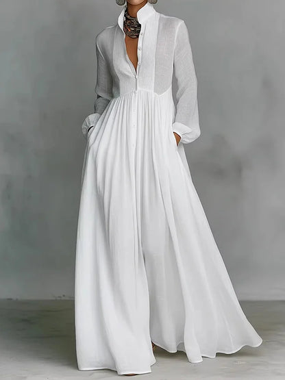 Cardydony Women's Casual Solid Color Pleated Cotton Linen Maxi Dress