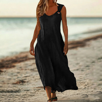 Cardydony Women's Solid Color Linen Blend Sleeveless Dress