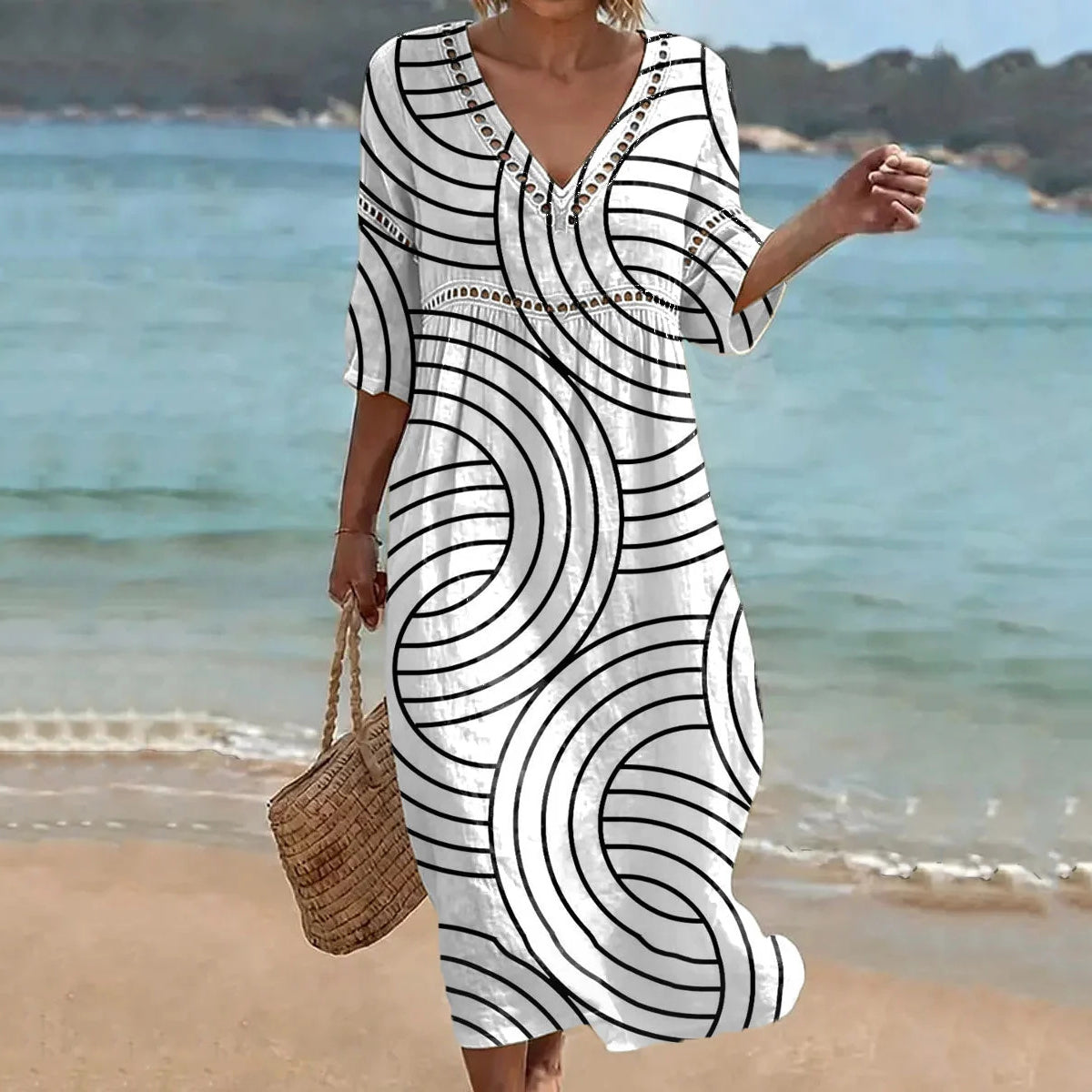 Cardydony Women's Lines Art Linen Blend Loose Three-quarter Sleeve V Neck Dress