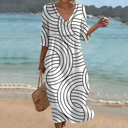 Cardydony Women's Lines Art Linen Blend Loose Three-quarter Sleeve V Neck Dress