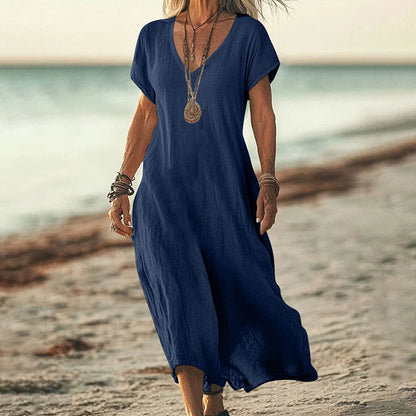 Cardydony Women's Solid Color V-neck Linen Blend Short Sleeve Dress