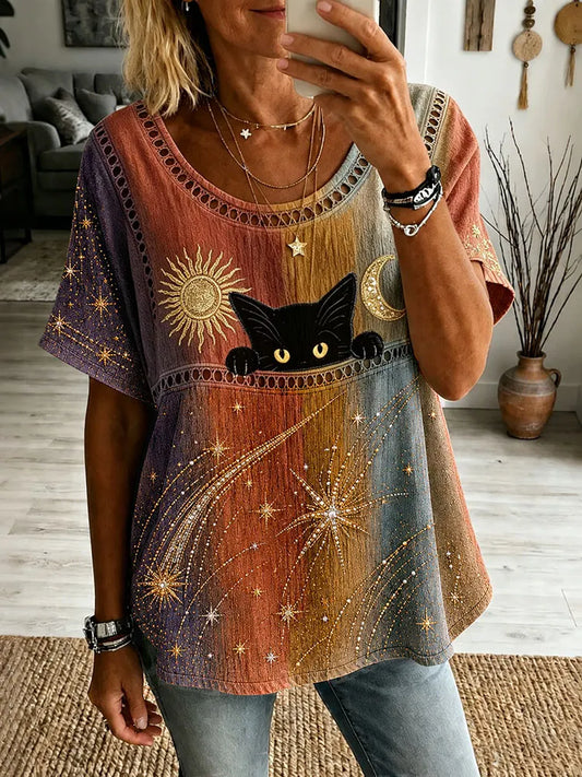 Cardydony Women's Hippie Black Cat With Sun And Moon Art Linen Blend Crew Neck Tshirt