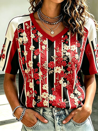 Cardydony Women's V-neck Top With Floral Print Featuring World Cup Football Team Jersey Elements