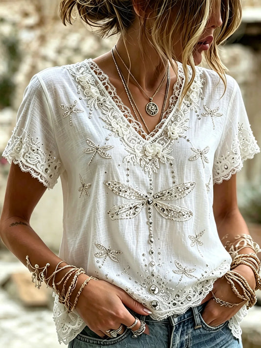 Cardydony Women's Vintage Bohemian Style Dragonfly And Rose Floral Embroidery Print Lace V-neck Top
