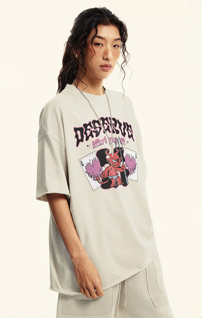 Cardydony Women's Deserve Devil Graphic Tee for Women | Oversized Cotton Streetwear Flame Tee