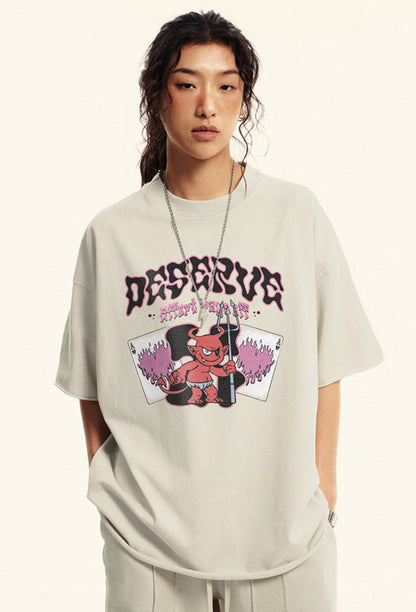 Cardydony Women's Deserve Devil Graphic Tee for Women | Oversized Cotton Streetwear Flame Tee