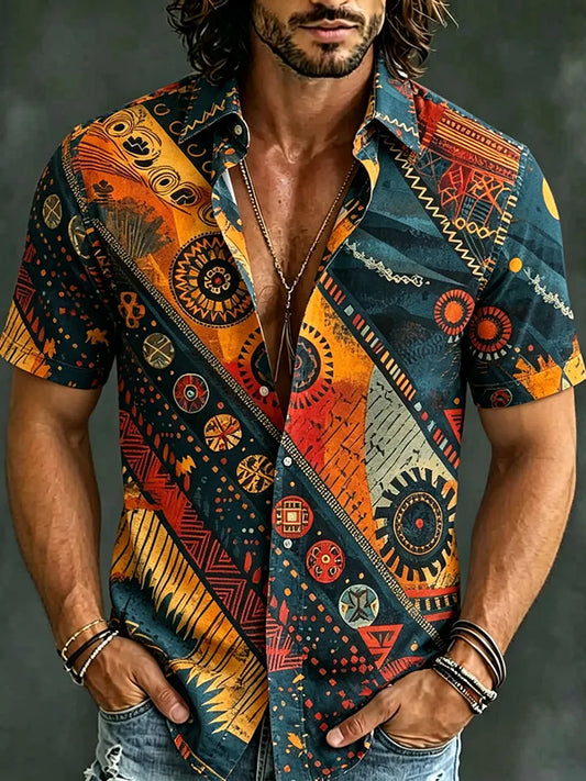 Cardydony Men's Retro Abstract Geometric Pattern Casual Short-sleeve Shirt