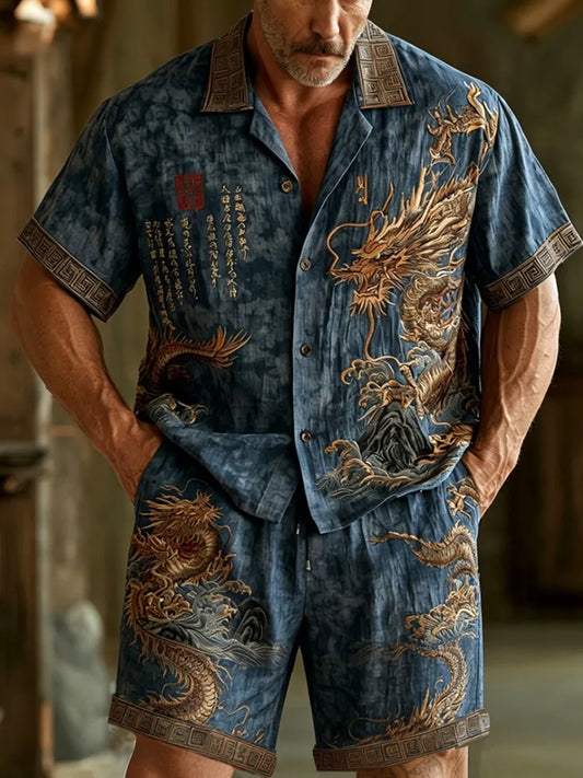 Cardydony Men's Dragon Pattern Calligraphy Embroidery Vintage Cotton And Linen Short Sleeve Shirt And Shorts Two-piece Set