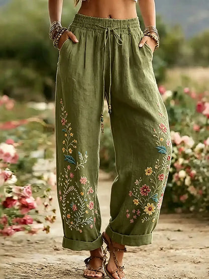 Cardydony Women's Retro Floral Cotton Linen Trousers