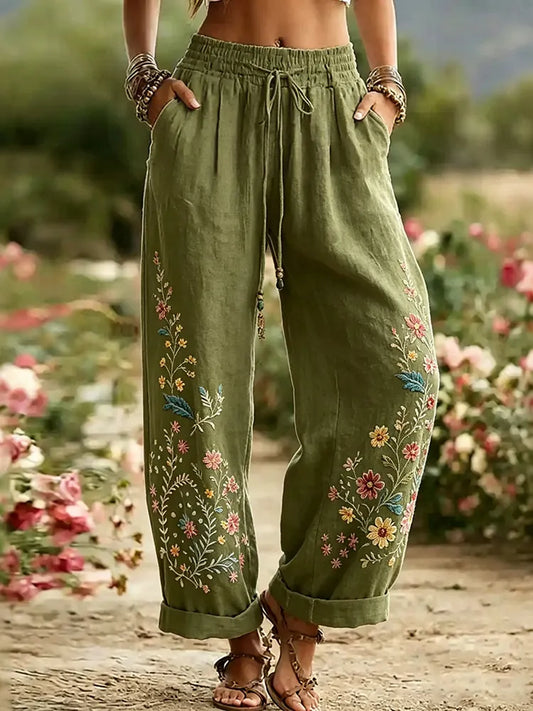 Cardydony Women's Retro Floral Cotton Linen Trousers