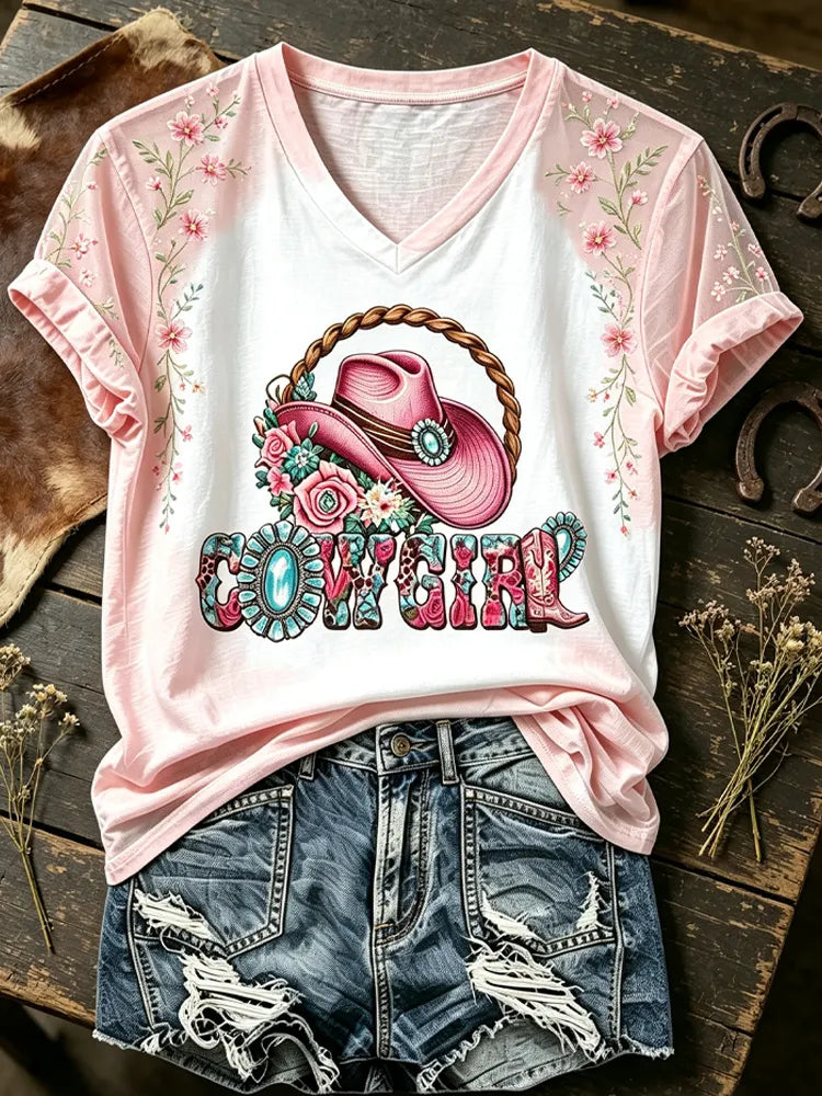 Cardydony Women's Western Country Cowboy Cowgirl Cowboy Hat Short Sleeve Top