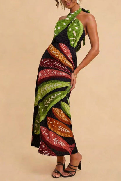 Cardydony Women's  Multi-colored Fish Print Halter Neck Backless Printed Fitted Vacation Maxi Dress