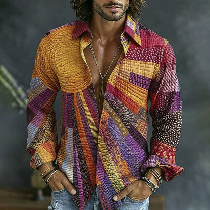 Cardydony Men's Causal Spring Hippie Vibe Colorful Sun Collage Art Print Flowy Linen Blend Shirt