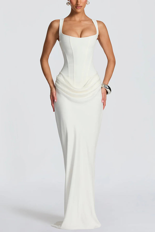 Cardydony Women's Larrah Square Neck Back Lace-up Satin Drape Hem Maxi Dress